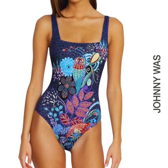 Johnny Was Women's Swimsuit XS Sea Owl Print Floral Square Neck One Piece NWT - Picture 1 of 16